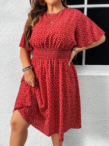 SHEIN VCAY Plus Confetti Heart Print Butterfly Sleeve Dress - Red - View 4
