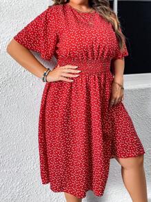 SHEIN VCAY Plus Confetti Heart Print Butterfly Sleeve Dress - Red - View 5