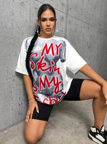 SHEIN SXY 標語和身體熱成像印花落肩T恤 - 白色 - 查看 1