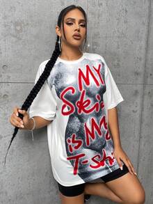 SHEIN SXY 標語和身體熱成像印花落肩T恤 - 白色 - 查看 3