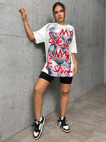 SHEIN SXY 標語和身體熱成像印花落肩T恤 - 白色 - 查看 5