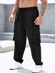 Manfinity Homme Quần Nam Dây kéo Đắp vá Túi màu trơn Đường phố - màu đen - Xem 8