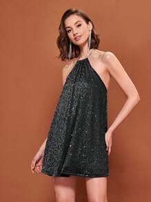 SHEIN BAE Backless Glitter Halter Dress - Black - View 1
