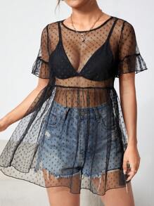 SHEIN PETITE Đầm Xù Viên lá sen cắt Tất cả trên in Gợi cảm - màu đen - Xem 1