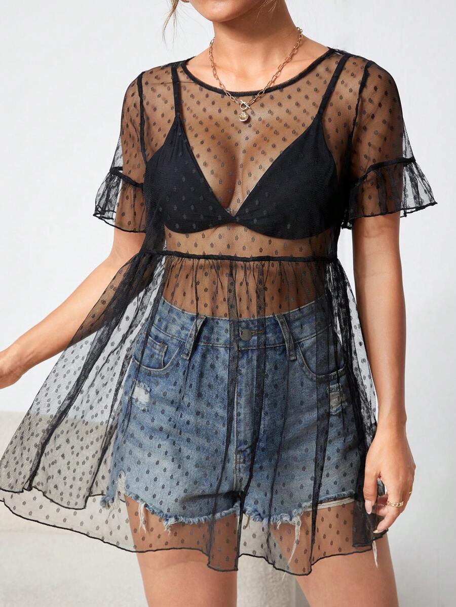 SHEIN PETITE Đầm Xù Viên lá sen cắt Tất cả trên in Gợi cảm - màu đen - Xem 1