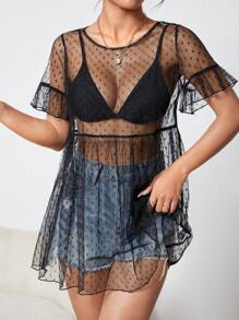 SHEIN PETITE Đầm Xù Viên lá sen cắt Tất cả trên in Gợi cảm - màu đen - Xem 3