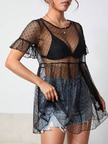 SHEIN PETITE Đầm Xù Viên lá sen cắt Tất cả trên in Gợi cảm - màu đen - Xem 5