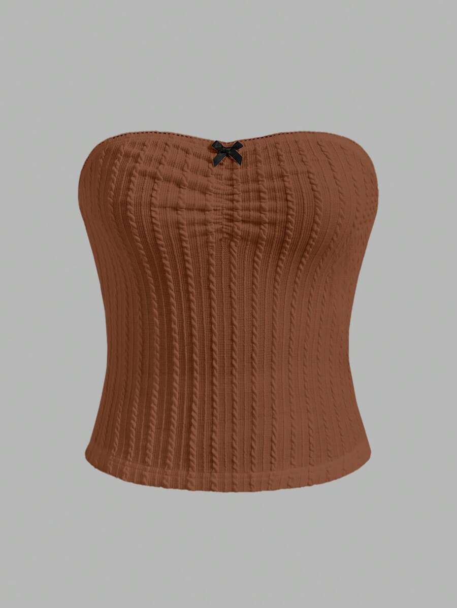 SHEIN Qutie Áo nữ Nơ Bướm màu trơn Giải trí - Rỉ Nâu - Xem 1