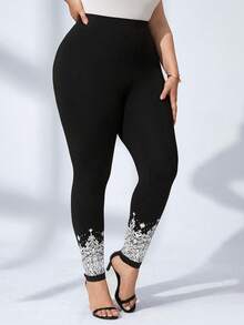 SHEIN Clasi 休閒花卉印花大碼緊身褲 - 黑色 - 查看 3