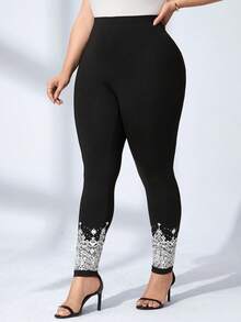 SHEIN Clasi 休閒花卉印花大碼緊身褲 - 黑色 - 查看 5