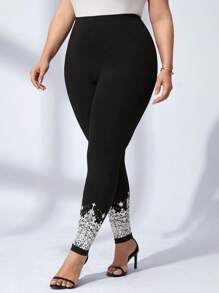 SHEIN Clasi 休閒花卉印花大碼緊身褲 - 黑色 - 查看 1