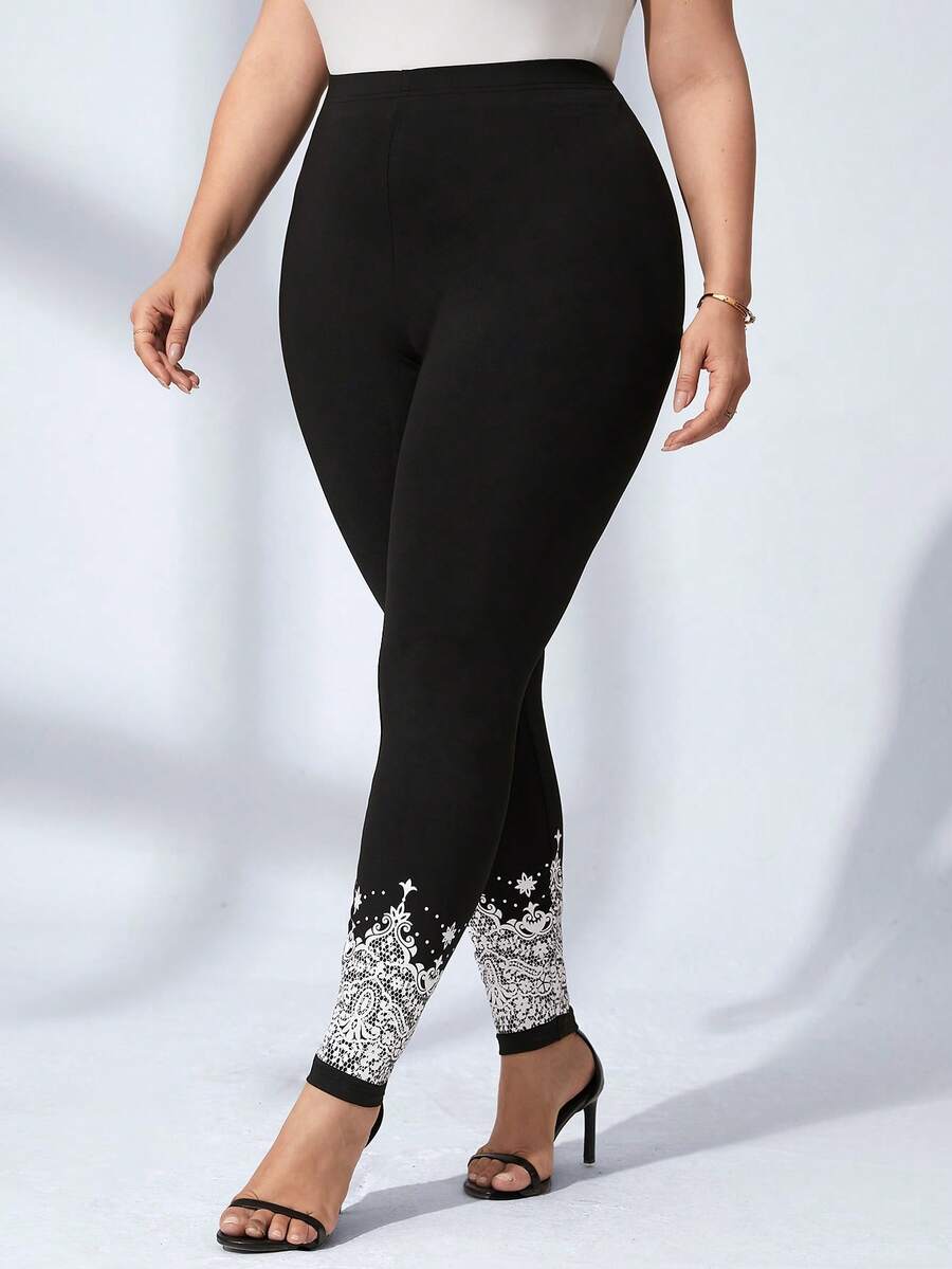 SHEIN Clasi 休閒花卉印花大碼緊身褲 - 黑色 - 查看 1