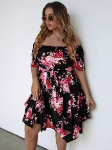SHEIN LUNE Plus Floral Print Off Shoulder Asymmetrical Hem Belted Dress - Multicolor - View 3