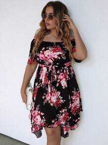 SHEIN LUNE Plus Floral Print Off Shoulder Asymmetrical Hem Belted Dress - Multicolor - View 6