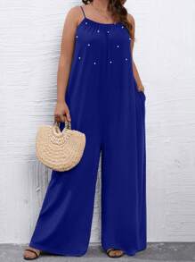 SHEIN Holidaya Jumpsuits Plus Size Ngọc trai Túi màu trơn Thanh lịch - Xanh đậm - Xem 1