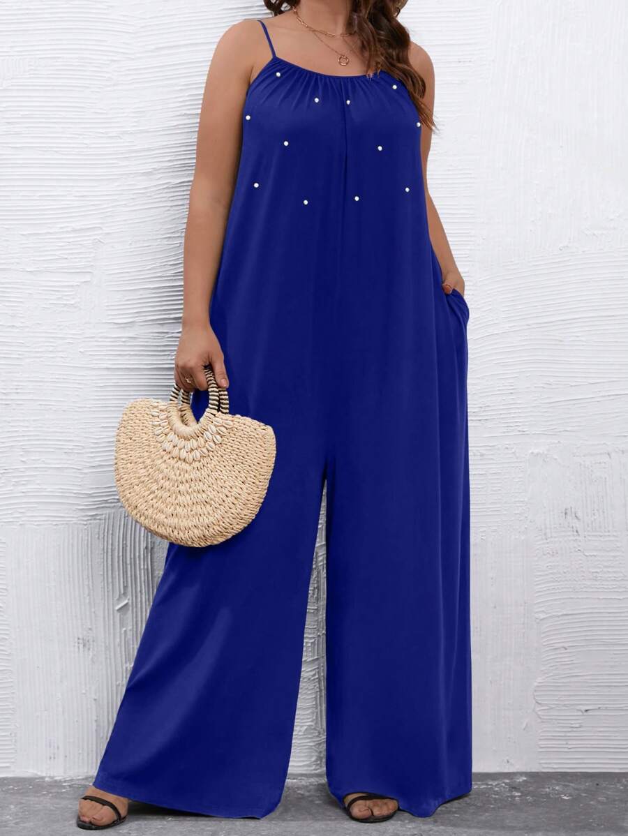 SHEIN Holidaya Jumpsuits Plus Size Ngọc trai Túi màu trơn Thanh lịch - Xanh đậm - Xem 1