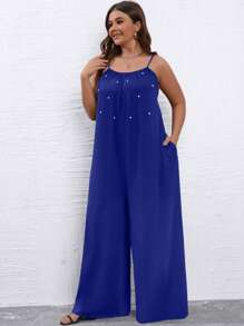 SHEIN Holidaya Jumpsuits Plus Size Ngọc trai Túi màu trơn Thanh lịch - Xanh đậm - Xem 3