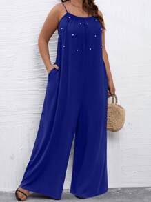 SHEIN Holidaya Jumpsuits Plus Size Ngọc trai Túi màu trơn Thanh lịch - Xanh đậm - Xem 4