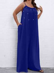 SHEIN Holidaya Jumpsuits Plus Size Ngọc trai Túi màu trơn Thanh lịch - Xanh đậm - Xem 5