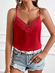 SHEIN Frenchy 網紗拼接刺繡吊帶上衣 - 紅色 - 查看 3