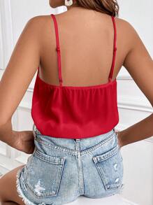 SHEIN Frenchy 網紗拼接刺繡吊帶上衣 - 紅色 - 查看 5