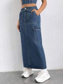 SHEIN EZwear 翻蓋口袋後背開衩牛仔半身裙 - 深色水洗藍 - 查看 6