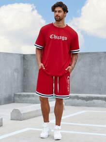 Aesthetic Post--Men Plus Letter Graphic Contrast Trim Tee & Drawstring Waist Shorts Set - Red - View 2