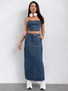 SHEIN EZwear 翻蓋口袋後背開衩牛仔半身裙 - 深色水洗藍 - 查看 1