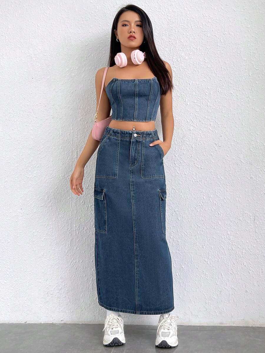 SHEIN EZwear 翻蓋口袋後背開衩牛仔半身裙 - 深色水洗藍 - 查看 1