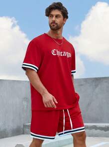 Aesthetic Post--Men Plus Letter Graphic Contrast Trim Tee & Drawstring Waist Shorts Set - Red - View 6