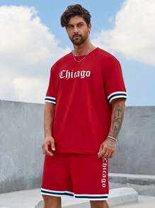 Aesthetic Post--Men Plus Letter Graphic Contrast Trim Tee & Drawstring Waist Shorts Set - Red - View 8