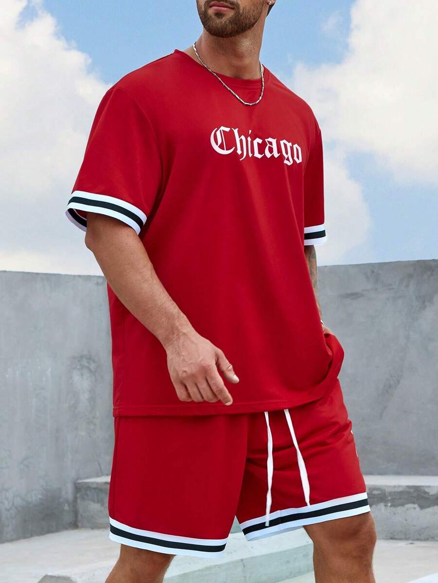 Aesthetic Post--Men Plus Letter Graphic Contrast Trim Tee & Drawstring Waist Shorts Set - Red - View 1