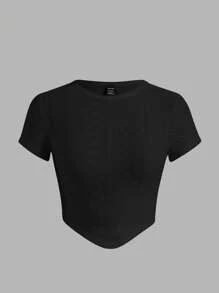 SHEIN EZwear Solid Asymmetrical Hem Tee - Black - View 1