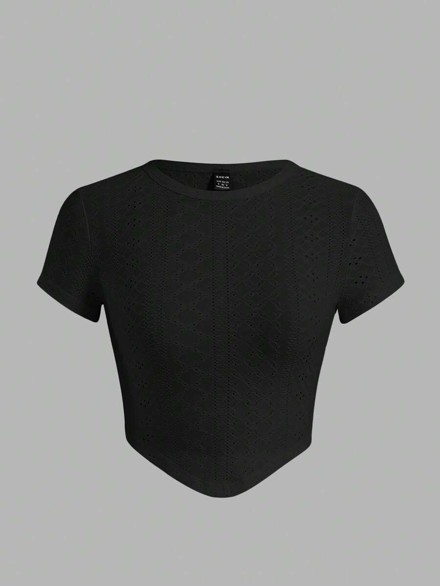 SHEIN EZwear Solid Asymmetrical Hem Tee - Black - View 1