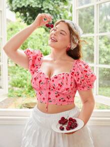 SHEIN MOD Áo sơ mi Plus Size viền lá sen Buộc lại Dải chun Thắt nơ trước Nếp gấp Phần Ngực Rau quả Tất cả trên in Boho - Nhiều màu - Xem 10