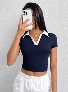 SHEIN EZwear Summer Outfits Contrast Collar Crop Tee - Navy Blue - View 5