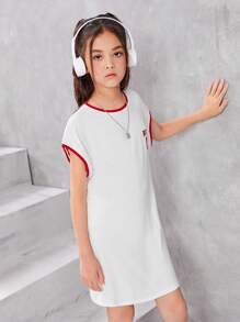 SHEIN Girls Letter Graphic Contrast Binding Batwing Sleeve Dress - White - View 3