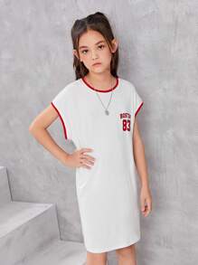 SHEIN Girls Letter Graphic Contrast Binding Batwing Sleeve Dress - White - View 4