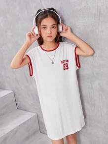 SHEIN Girls Letter Graphic Contrast Binding Batwing Sleeve Dress - White - View 5