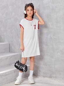 SHEIN Girls Letter Graphic Contrast Binding Batwing Sleeve Dress - White - View 6
