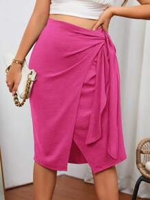 SHEIN Privé Plus Solid Knot Side Wrap Skirt - Hot Pink - View 5