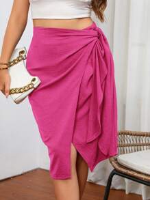 SHEIN Privé Plus Solid Knot Side Wrap Skirt - Hot Pink - View 6