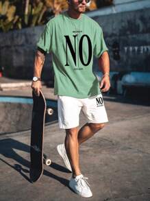 Manfinity Homme 男士字母圖案T恤和短褲 - 薄荷綠 - 查看 1