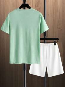 Manfinity Homme 男士字母圖案T恤和短褲 - 薄荷綠 - 查看 2