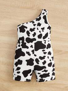 SHEIN Leap Crew Young Girl Cow Print One Shoulder Romper - Black and White - View 2