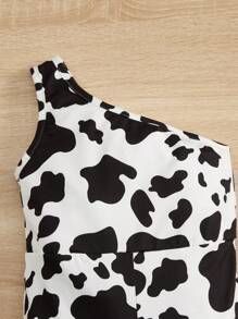 SHEIN Leap Crew Young Girl Cow Print One Shoulder Romper - Black and White - View 3