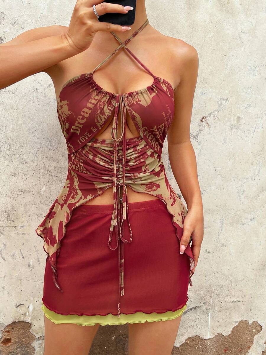 SHEIN ICON Bộ đồ hai mảnh nữ Cắt ra Bất đối xứng Lộ Lưng Hội Chữ thập Dây kéo Thắt nút Xù nhỏ Buộc lại Lá thư Con số Gợi cảm - Nhiều màu - Xem 1