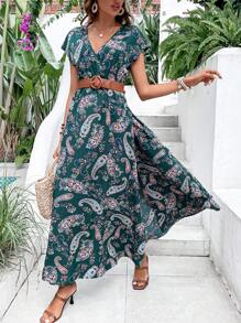 SHEIN VCAY 佩斯利印花蝙蝠袖連衣裙不附腰帶 - 墨綠色 - 查看 1