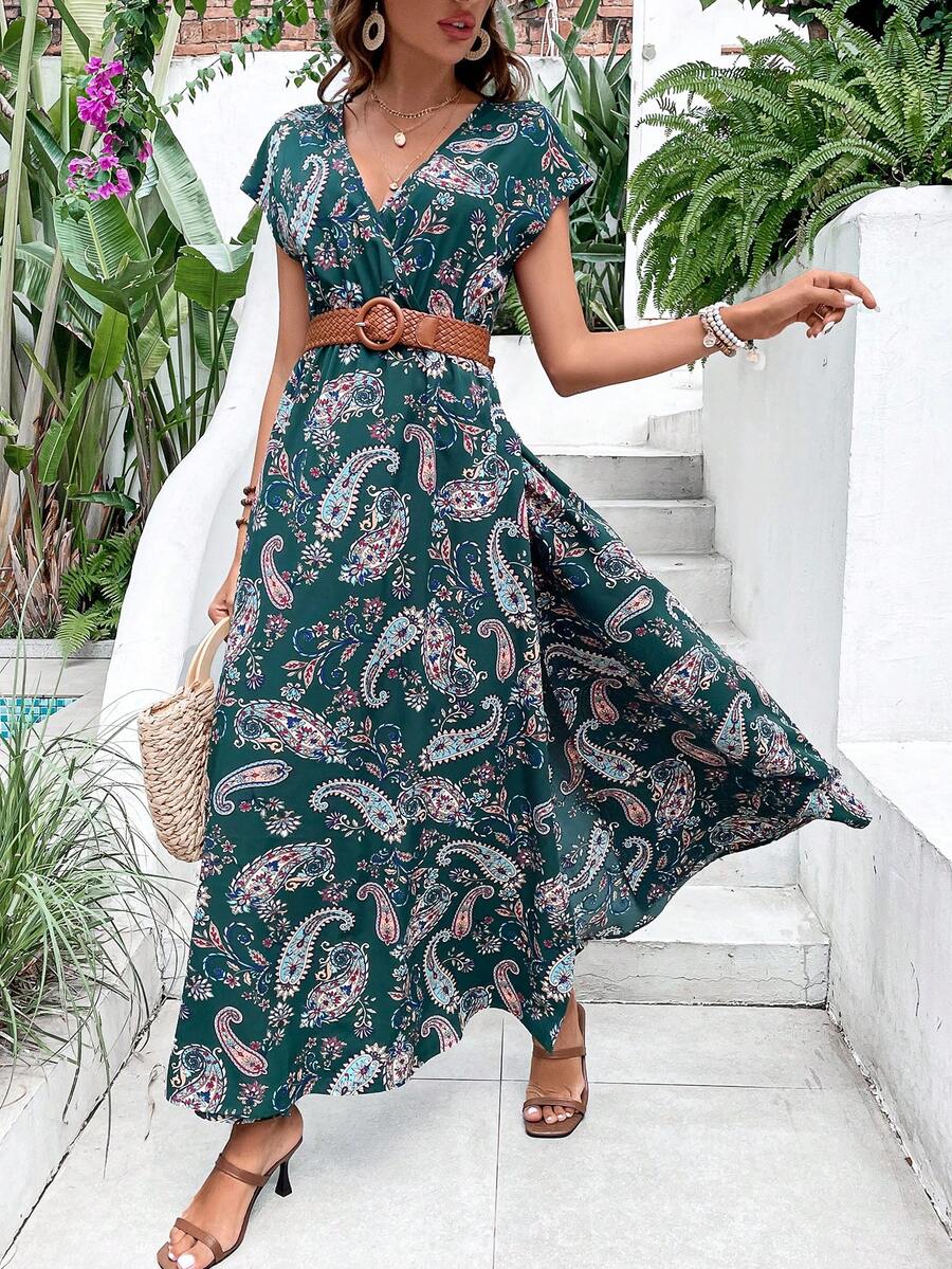 SHEIN VCAY 佩斯利印花蝙蝠袖連衣裙不附腰帶 - 墨綠色 - 查看 1