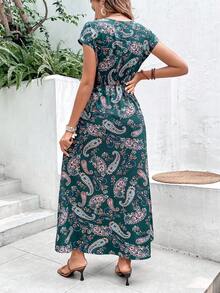 SHEIN VCAY 佩斯利印花蝙蝠袖連衣裙不附腰帶 - 墨綠色 - 查看 2